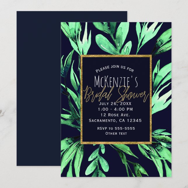 Green & Blue Watercolor Botanical Bridal Shower Invitation (Front/Back)