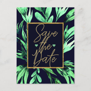 Green Blue Watercolor Botanical Glam Save the Date Announcement Postcard