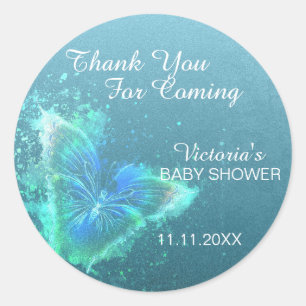 Green Blue Watercolor Butterfly Thank You Classic Round Sticker