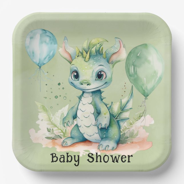 Green Blue Watercolor Dragon Boy Baby Shower Paper Plate (Front)