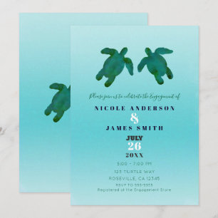 Green Blue Watercolor Ocean Sea Turtles Engagement Invitation