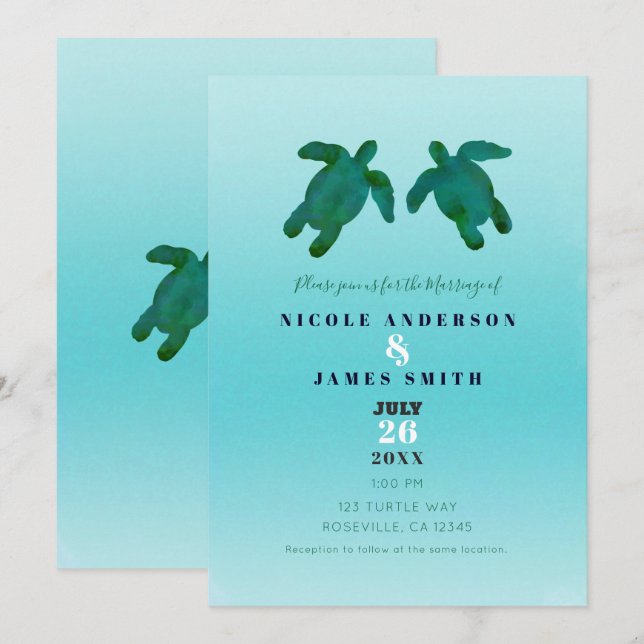 Green Blue Watercolor Ocean Sea Turtles Wedding Invitation (Front/Back)