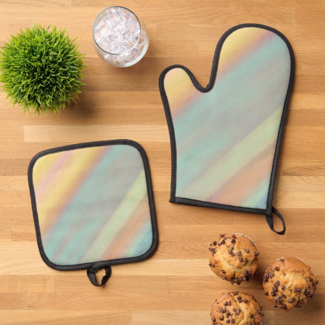 Green Blue Watercolor Pattern Oven Mitt & Pot Holder Set (Top Down)