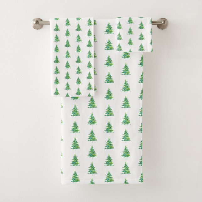 Green Blue Watercolor Pine Tree Pattern Bath Towel Set (Insitu)