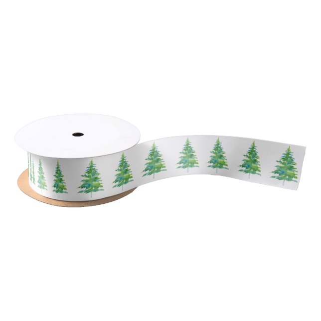 Green Blue Watercolor Pine Tree Pattern Satin Ribbon (Spool)