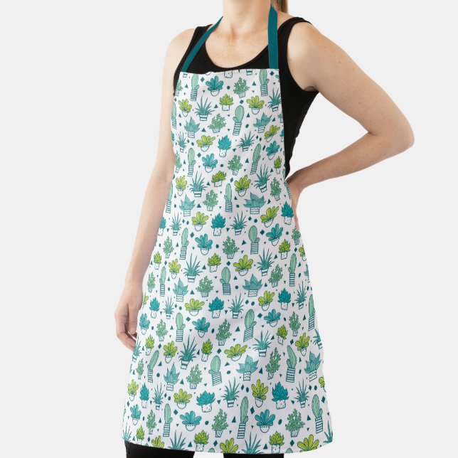 Green & Blue Watercolor Succulent Pattern Apron (Insitu)