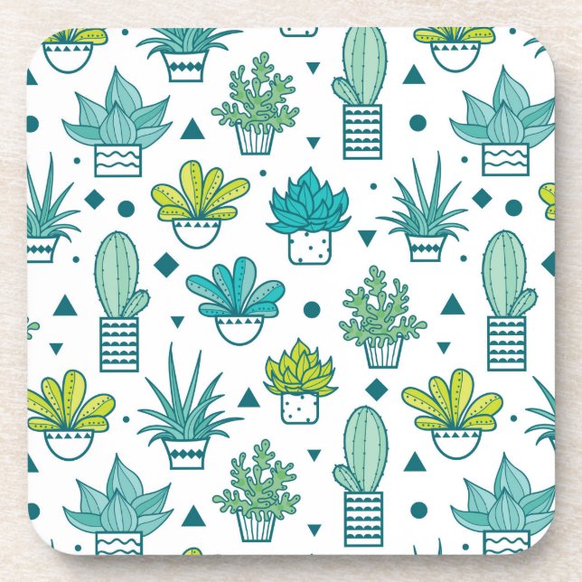 Green & Blue Watercolor Succulent Pattern Coaster (Front)