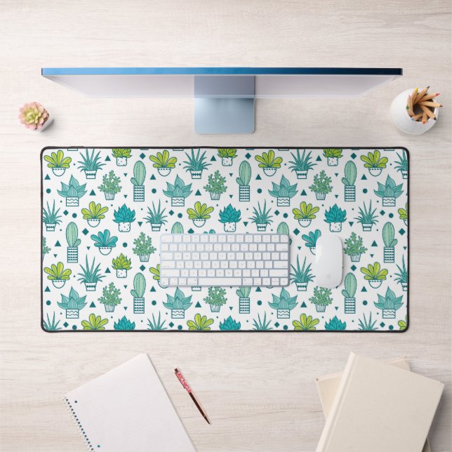 Green & Blue Watercolor Succulent Pattern Desk Mat (Office 1)