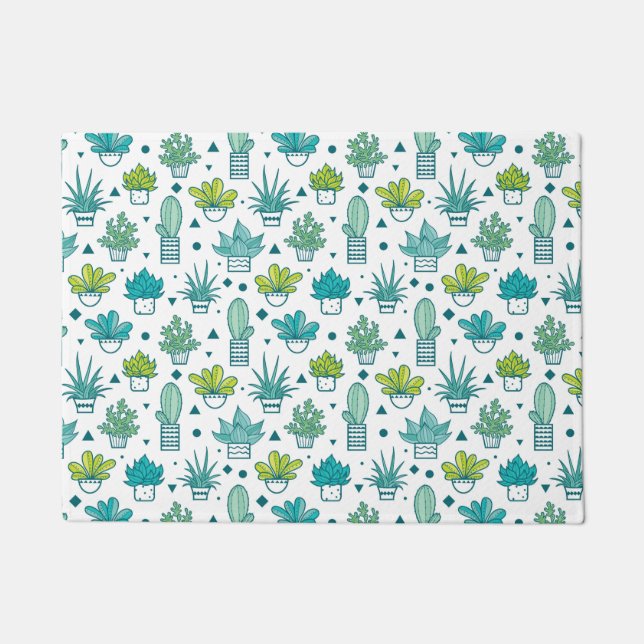 Green & Blue Watercolor Succulent Pattern Doormat (Front)