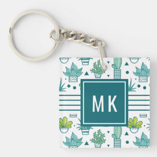 Green & Blue Watercolor Succulent Pattern Key Ring