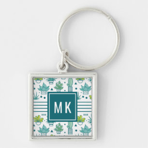 Green & Blue Watercolor Succulent Pattern Key Ring