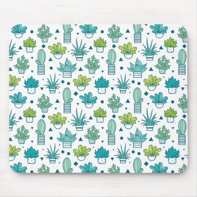 Green & Blue Watercolor Succulent Pattern Mouse Mat (Front)