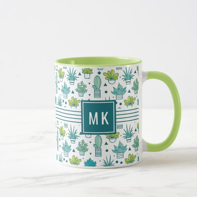 Green & Blue Watercolor Succulent Pattern Mug (Right)