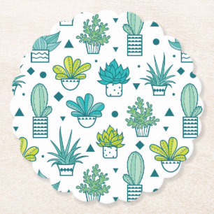 Green & Blue Watercolor Succulent Pattern Paper Coaster