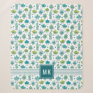 Green & Blue Watercolor Succulent Pattern Sherpa Blanket