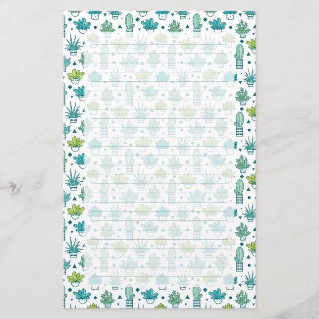 Green & Blue Watercolor Succulent Pattern Stationery (Front)