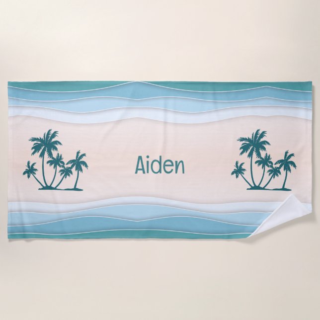 Green Blue Waves Palm Trees Beach Towel (Front)