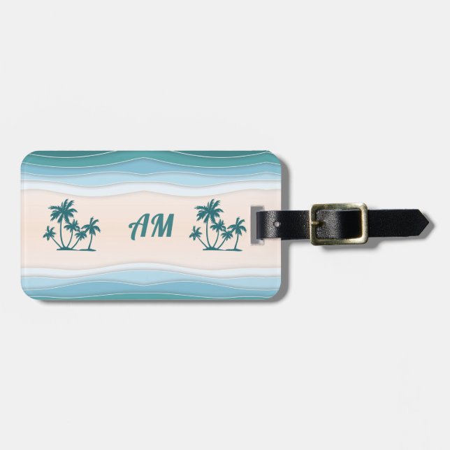 Green Blue Waves Palm Trees Luggage Tag (Front Horizontal)