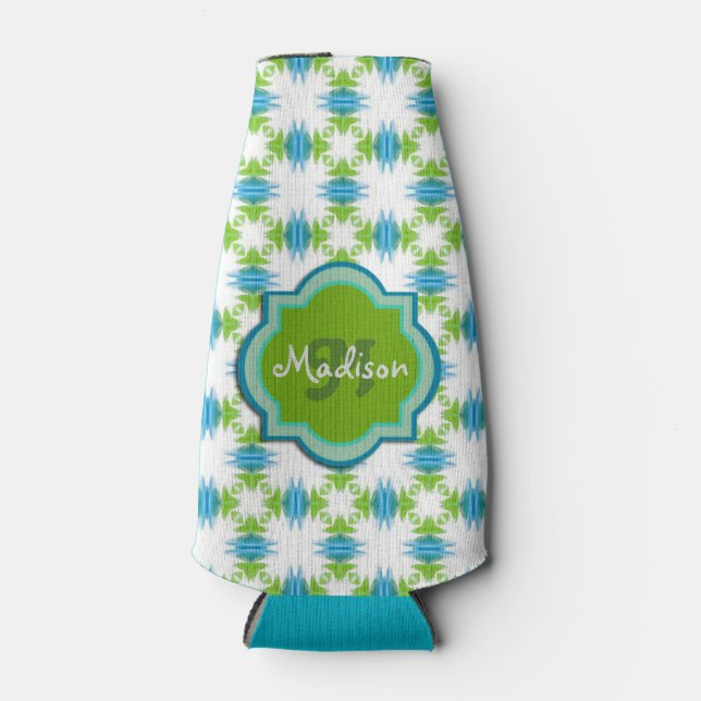 Green, Blue, White Monogram Funky Geometric Bottle Cooler (Front)