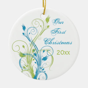 Green Blue White "Our First Christmas" Ornament