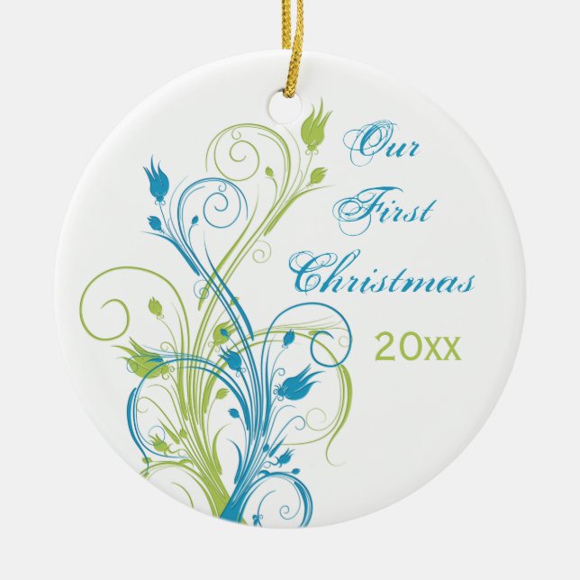 Green Blue White "Our First Christmas" Ornament (Front)