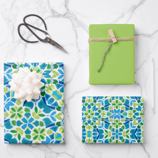 Green, Blue & White Pattern Wrapping Paper Sheet (Front)