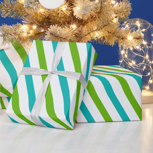 Green Blue White Stripes Modern Christmas Wrapping Paper (Holidays)