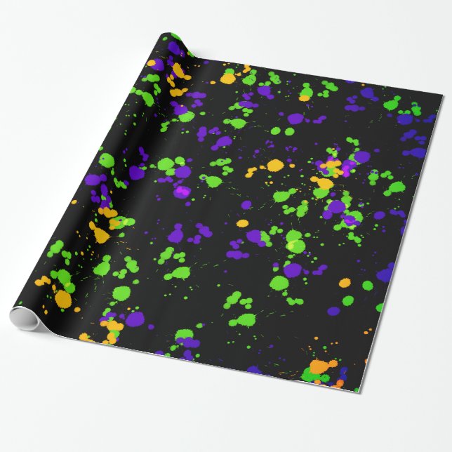 Green Blue Yellow Paint Splatter Design Pattern Wrapping Paper (Unrolled)