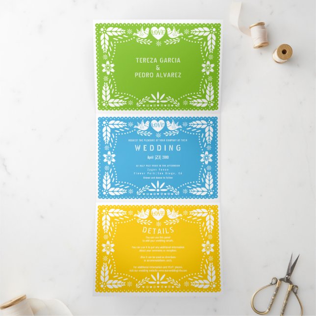 Green, blue yellow papel picado lovebirds wedding Tri-Fold invitation (Inside)