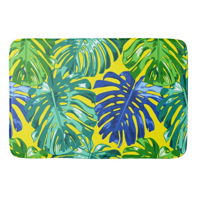 Green Blue Yellow Summer Tropical Leaves Bath Mat (Front)