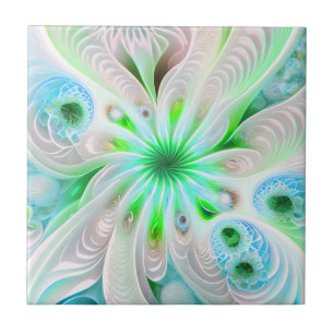 Green + Blues Abstract Fractal Flower Ceramic Tile