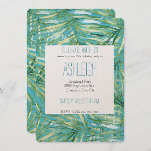 Green BlueTropical Watercolor Leaves Birthday Invitation