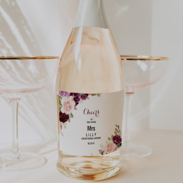 Green Blush Burgundy Floral Bridal Shower Sparkling Wine Label (Creator Uploaded)