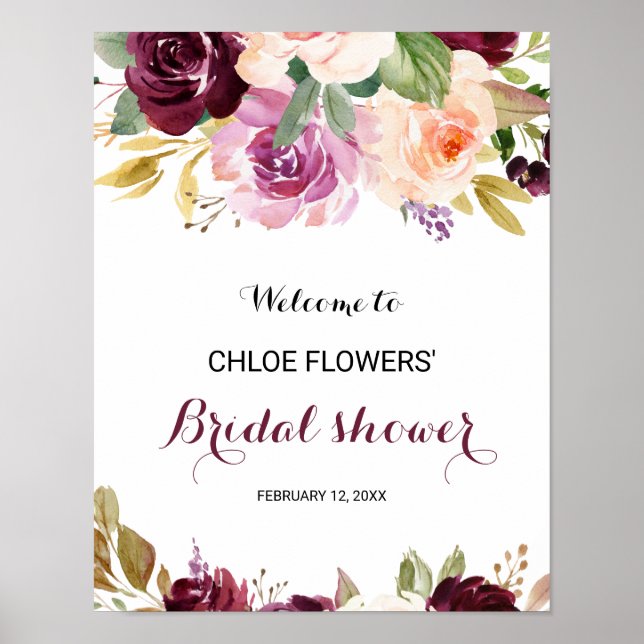 Green Blush Burgundy Floral Bridal Shower Welcome Poster (Front)
