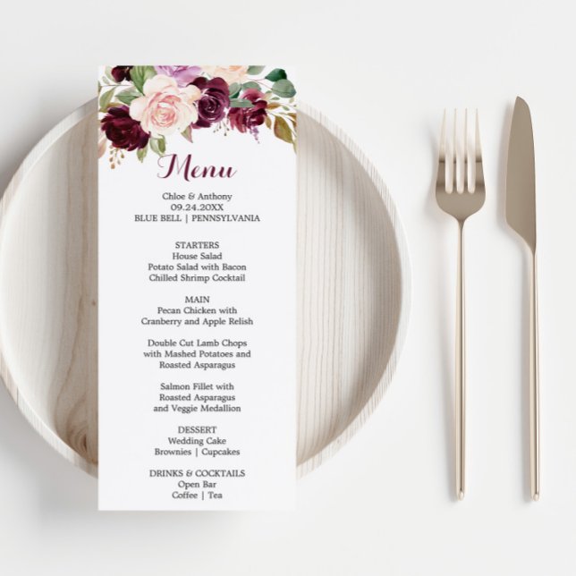 Green Blush Burgundy Floral Dinner Menu Card (Creator Uploaded)