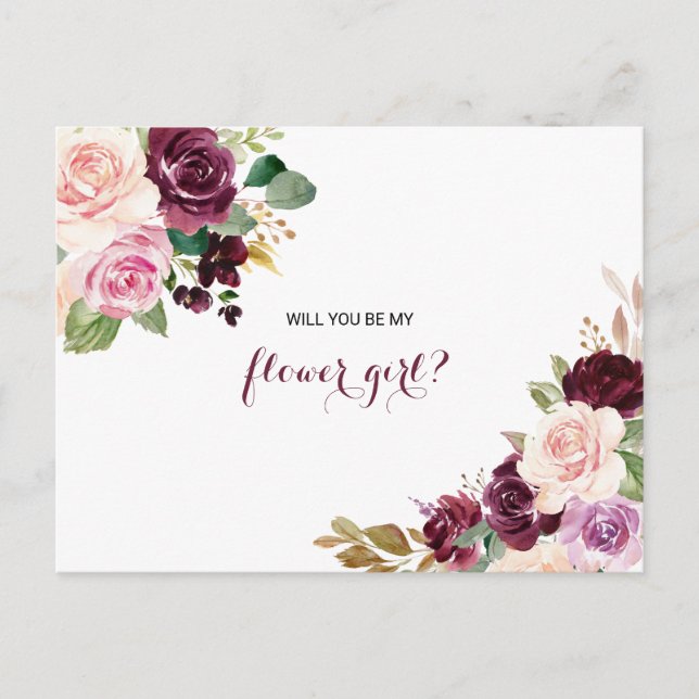 Green Blush Burgundy Floral Flower Girl Invitation Postcard (Front)