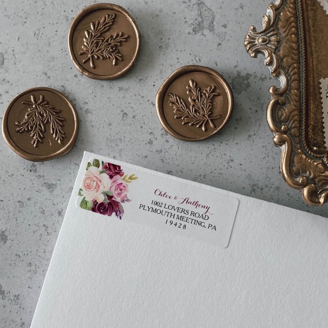 Green Blush Burgundy Floral Return Address Label (Creator Uploaded)