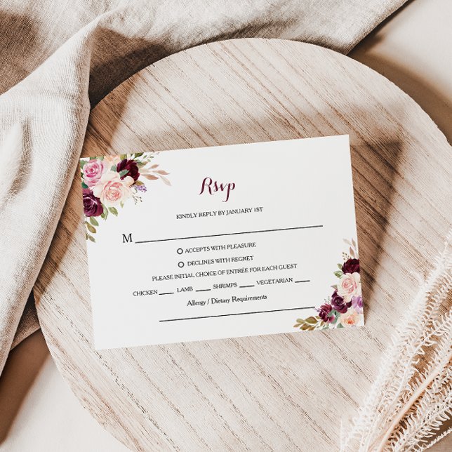 Green Blush Burgundy Floral Rsvp Menu Choice (Creator Uploaded)