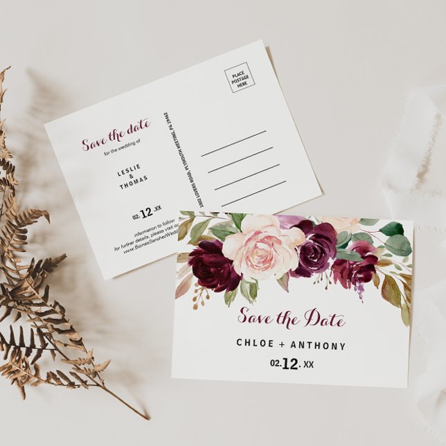 Green Blush Burgundy Floral Save the Date Postcard (Creator Uploaded)