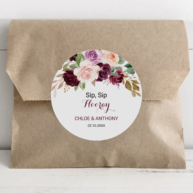 Green Blush Burgundy Floral Sip Sip Hooray Wedding Classic Round Sticker (Creator Uploaded)