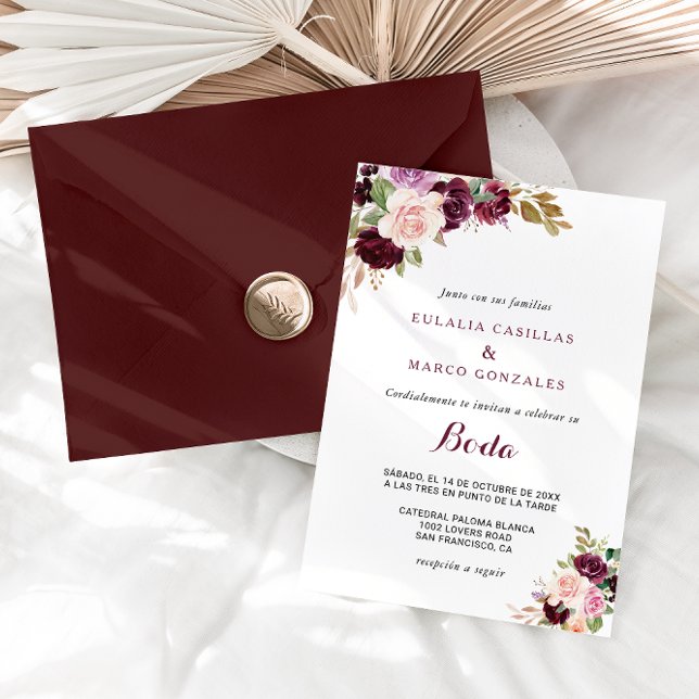 Green Blush Burgundy Floral Spanish Wedding Invitation (Creator Uploaded)