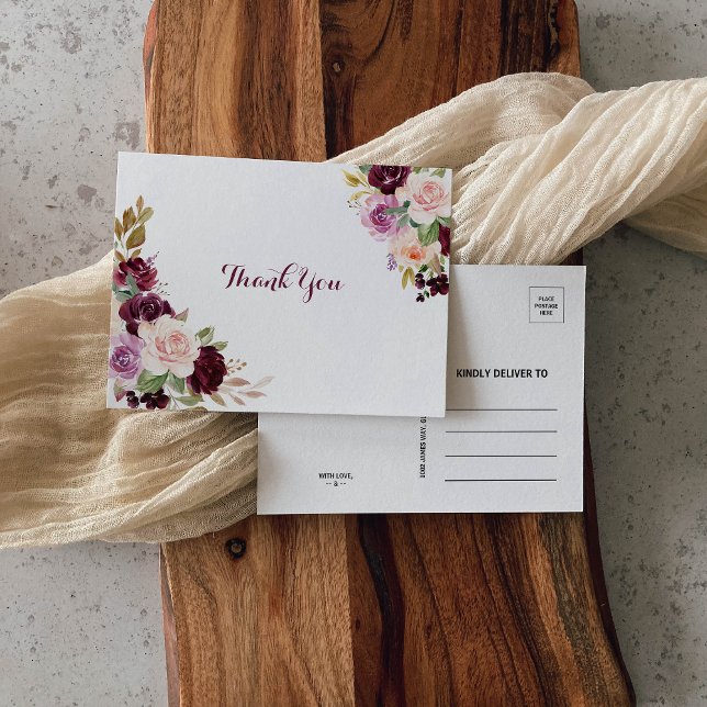 Green Blush Burgundy Floral Thank You Postcard (Creator Uploaded)