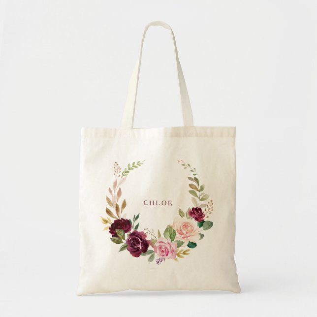 Green Blush Burgundy Floral Tote Bag (Front)