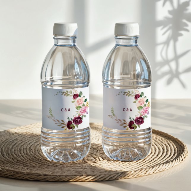 Green Blush Burgundy Floral Water Bottle Label (Creator Uploaded)