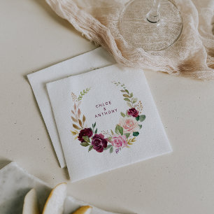 Green Blush Burgundy Floral Wedding Napkin
