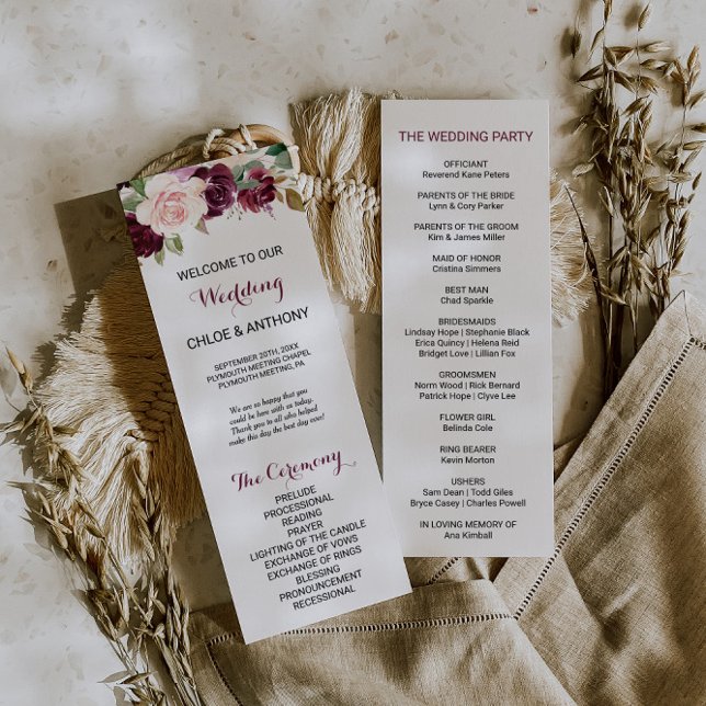 Green Blush Burgundy Floral Wedding Program Programme (Creator Uploaded)