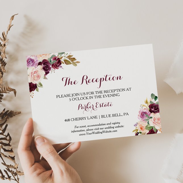 Green Blush Burgundy Floral Wedding Reception Card (Creator Uploaded)