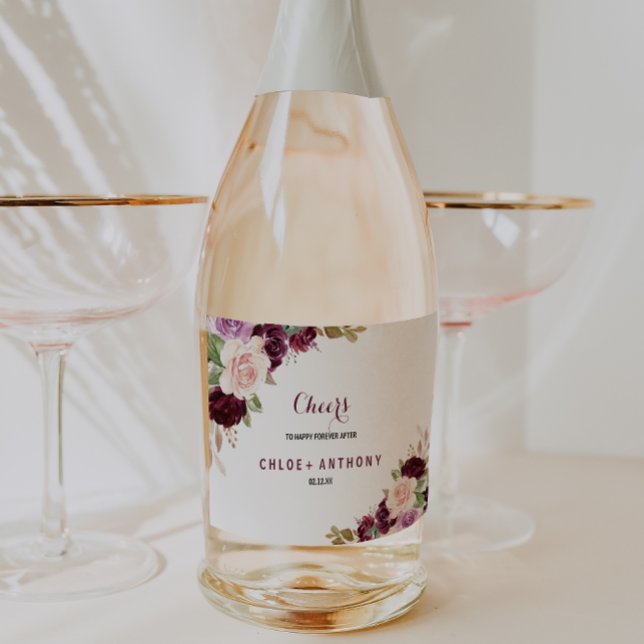 Green Blush Burgundy Floral Wedding Sparkling Wine Label (Creator Uploaded)