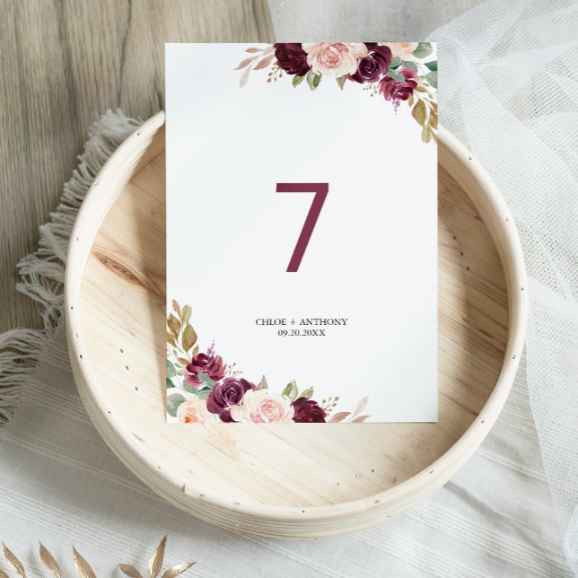 Green Blush Burgundy Floral Wedding Table Number (Creator Uploaded)