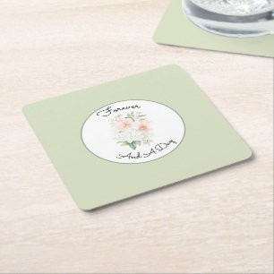 Green Blush Peach Orchid Flowers Wedding Square Paper Coaster